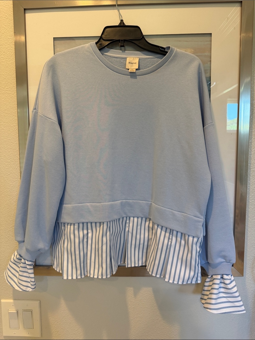 Maeve Light Blue Layered Sweater with Striped Hem